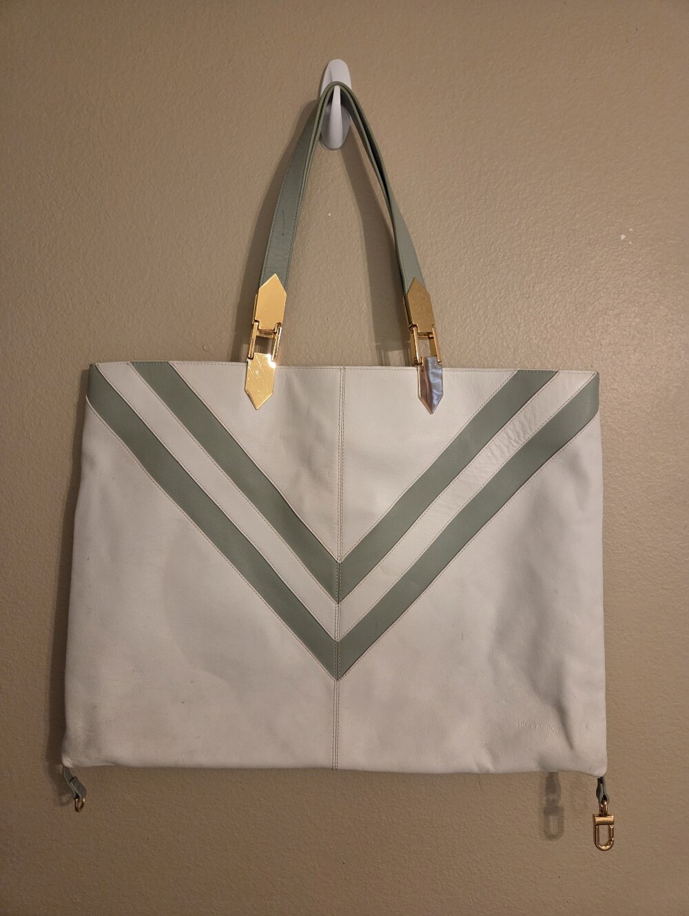 TIME'S ARROW White Sage Green‎ Leather Chevron Striped Large Shoulder Tote Bag